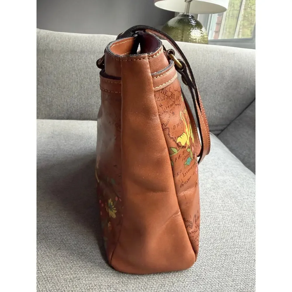 Patricia Nash Poppy Leather Boho Tote Shoulder Bag Floral Bird Map Print Tan